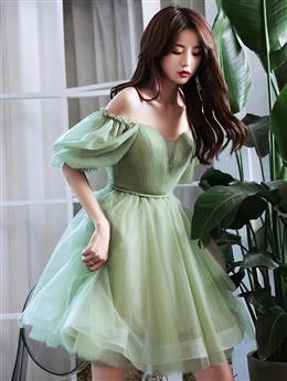 Picture of Light Green Tulle Knee Length Off Shoulder Party Dresses Prom Dresses, Green Homecoming Dresses